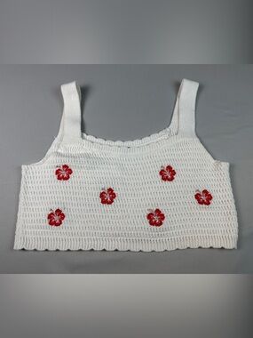 wild fable Boho White Crop Top Knit Tank Festival Red Floral Embroidered